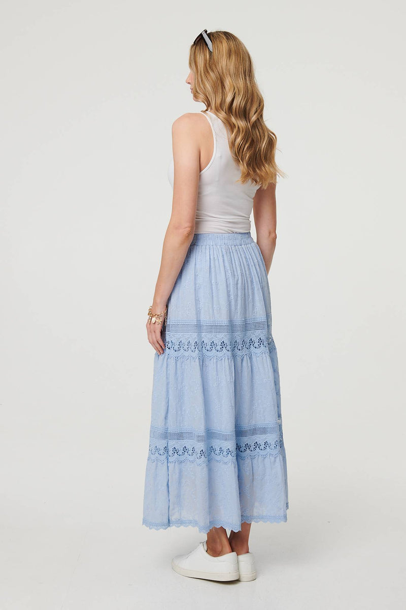 Embroidered High Waist Tiered Maxi Skirt