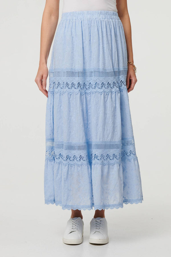 Embroidered High Waist Tiered Maxi Skirt