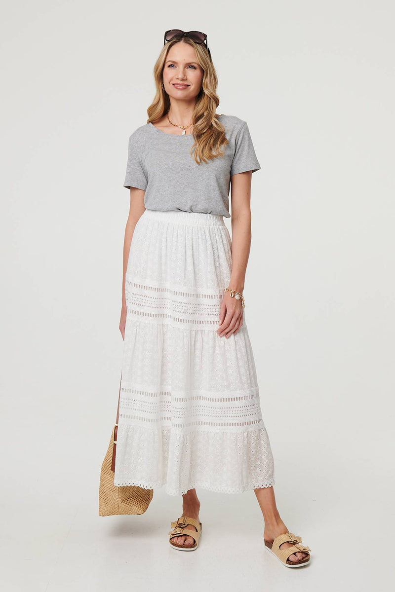 Lace Trim High Waist Tiered Maxi Skirt