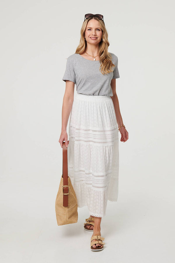 Lace Trim High Waist Tiered Maxi Skirt