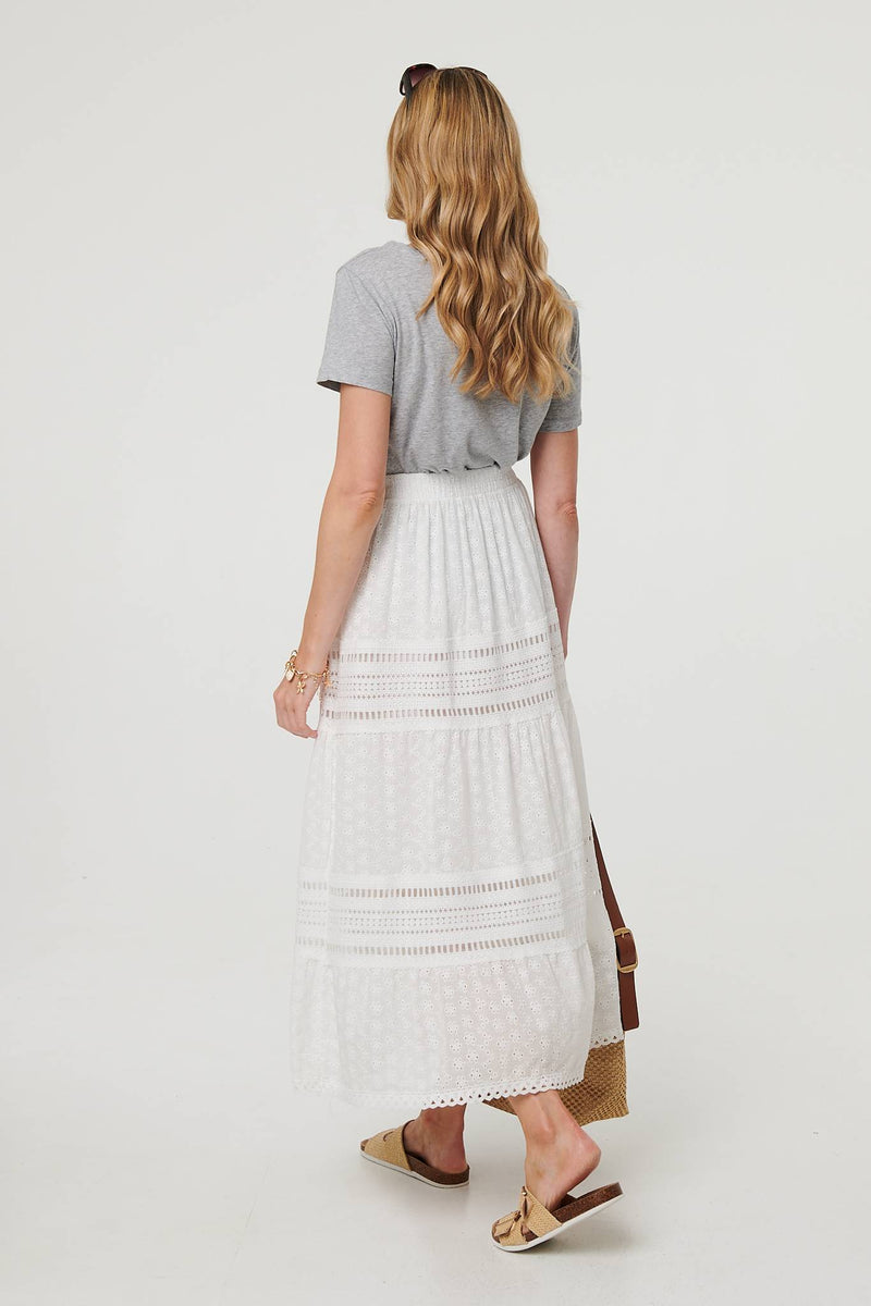 Lace Trim High Waist Tiered Maxi Skirt