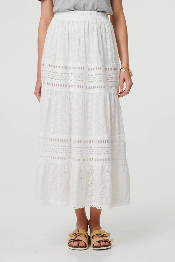 Lace Trim High Waist Tiered Maxi Skirt