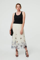 Butterfly Print Pleated Mesh Midi Skirt
