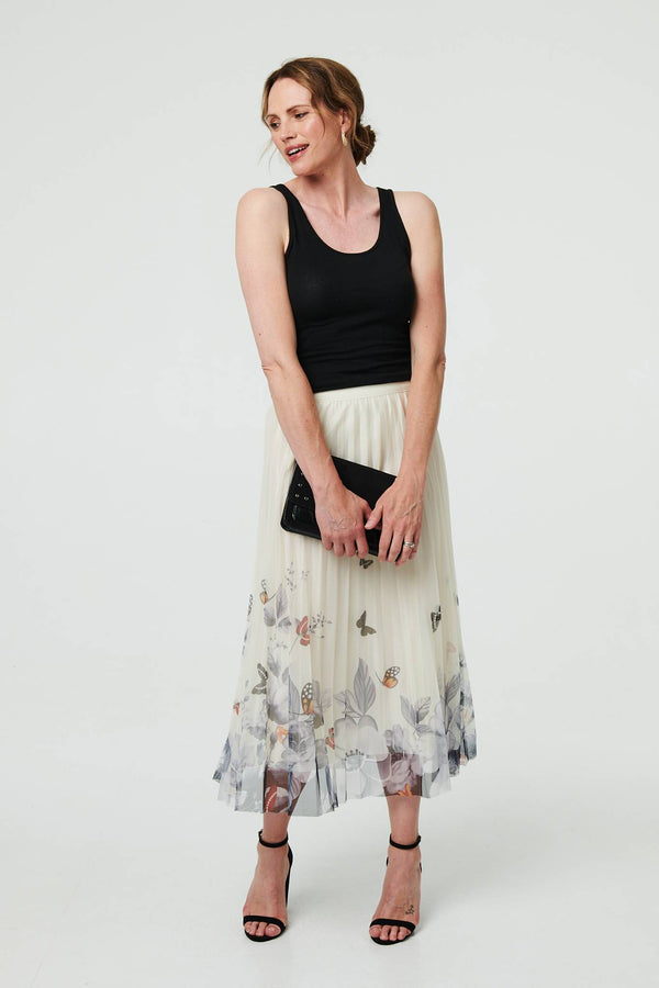 Butterfly Print Pleated Mesh Midi Skirt