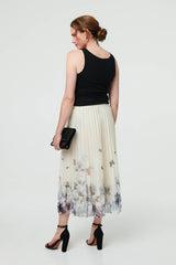 Butterfly Print Pleated Mesh Midi Skirt
