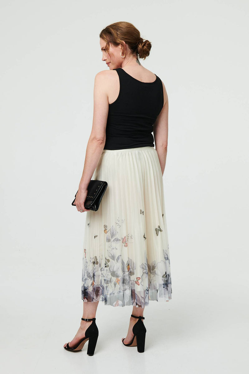 Butterfly Print Pleated Mesh Midi Skirt