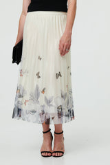 Butterfly Print Pleated Mesh Midi Skirt