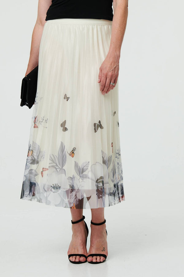 Butterfly Print Pleated Mesh Midi Skirt