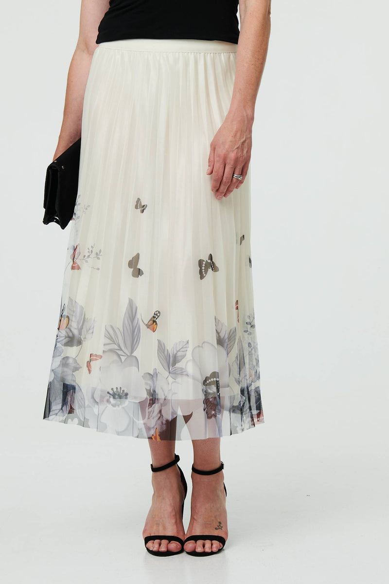Butterfly Print Pleated Mesh Midi Skirt