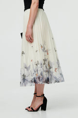 Butterfly Print Pleated Mesh Midi Skirt