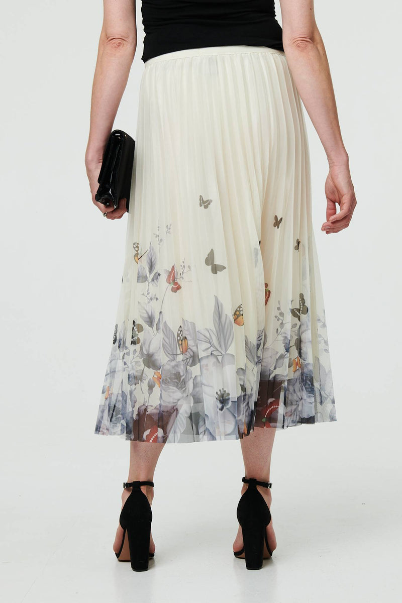 Butterfly Print Pleated Mesh Midi Skirt
