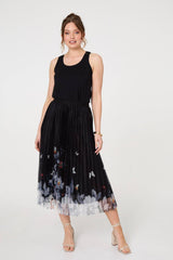 Butterfly Print Pleated Mesh Midi Skirt
