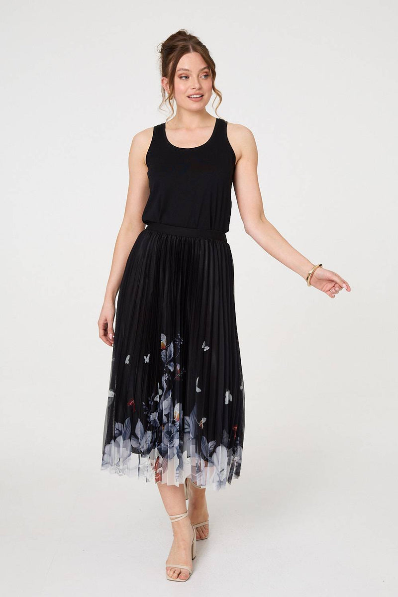 Butterfly Print Pleated Mesh Midi Skirt