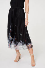Butterfly Print Pleated Mesh Midi Skirt