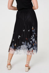 Butterfly Print Pleated Mesh Midi Skirt