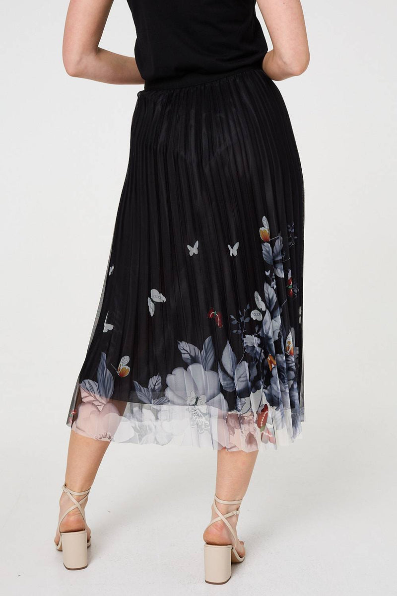 Butterfly Print Pleated Mesh Midi Skirt