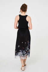 Butterfly Print Pleated Mesh Midi Skirt