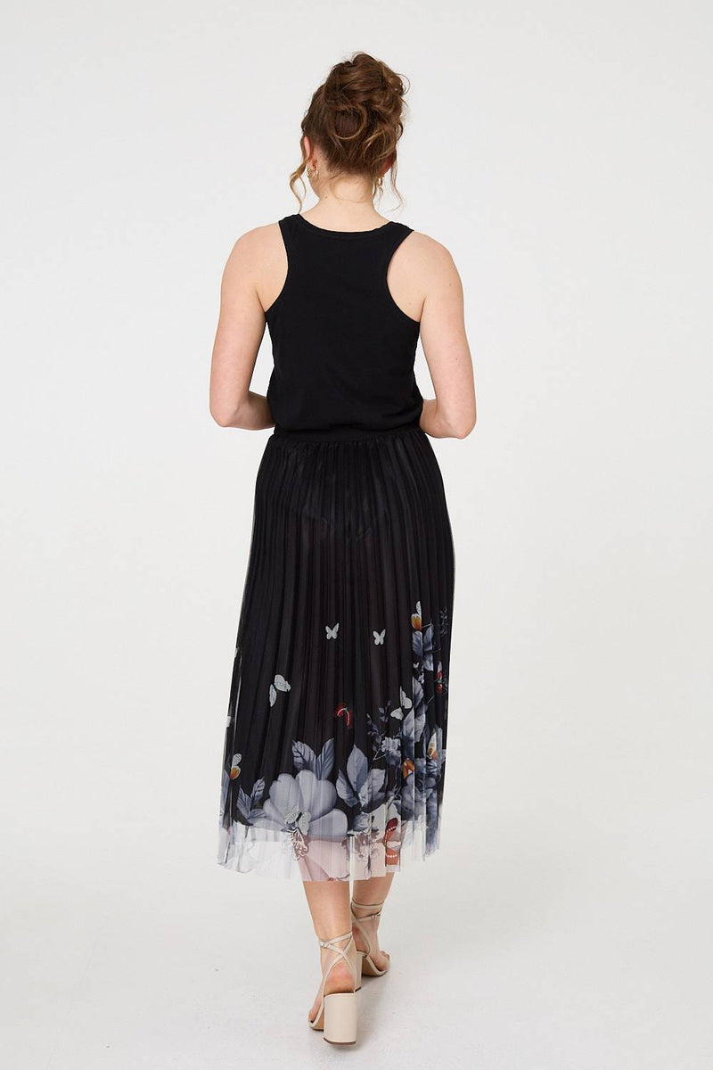 Butterfly Print Pleated Mesh Midi Skirt