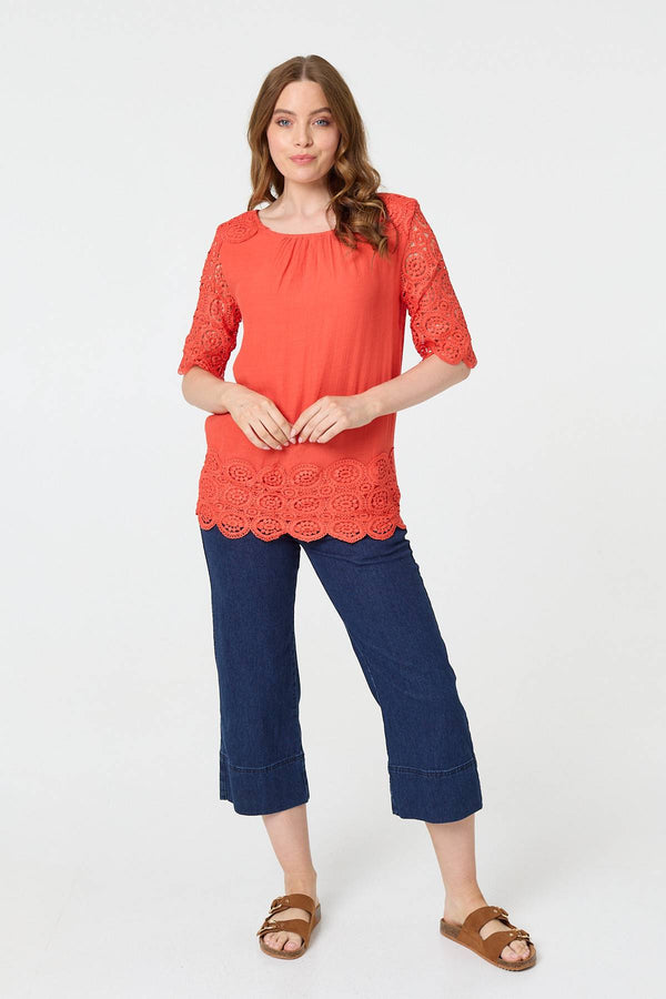 Lace Trim Semi Sheer 1/2 Sleeve Blouse