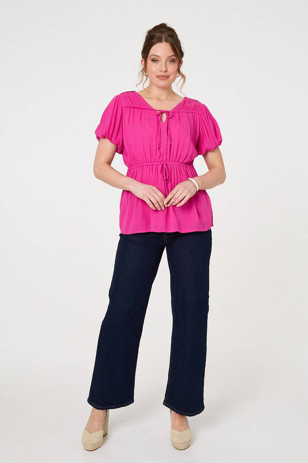 Ruched Short Puff Sleeve Peplum Blouse