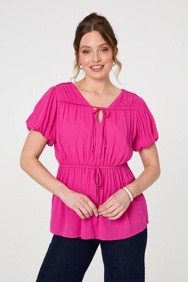 Ruched Short Puff Sleeve Peplum Blouse