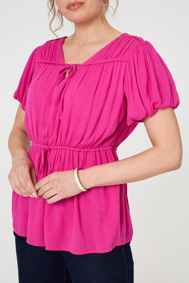 Ruched Short Puff Sleeve Peplum Blouse