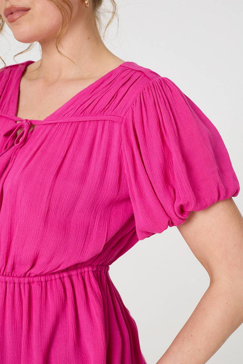 Ruched Short Puff Sleeve Peplum Blouse