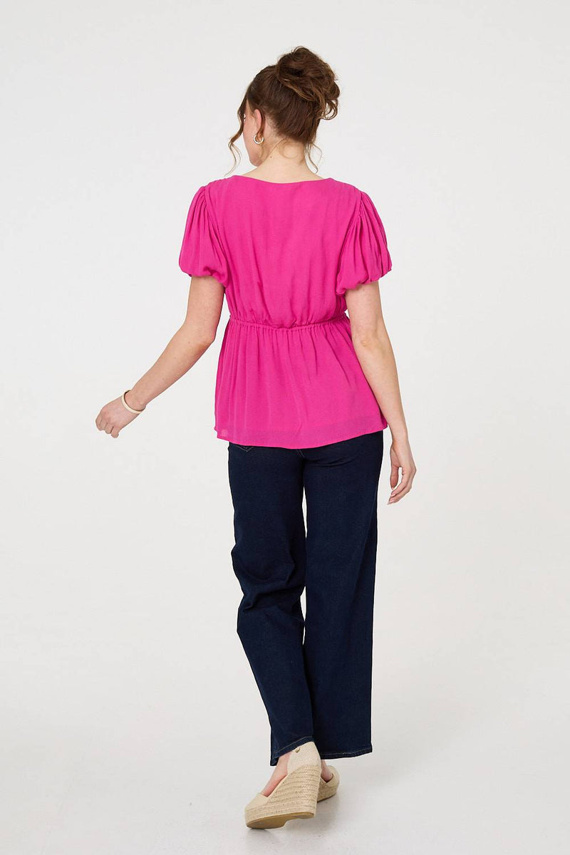 Ruched Short Puff Sleeve Peplum Blouse