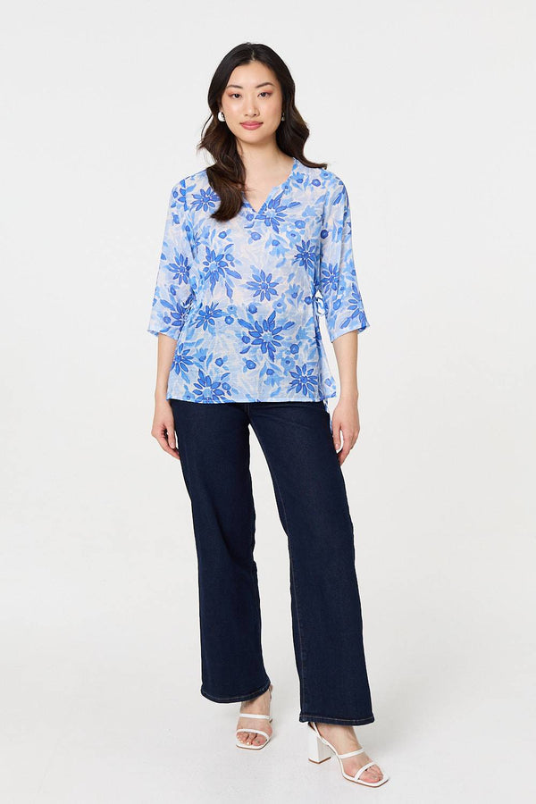 Floral 3/4 Sleeve Tie Detail Blouse