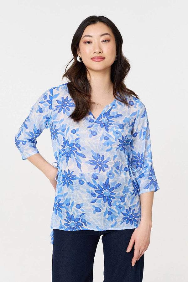 Floral 3/4 Sleeve Tie Detail Blouse
