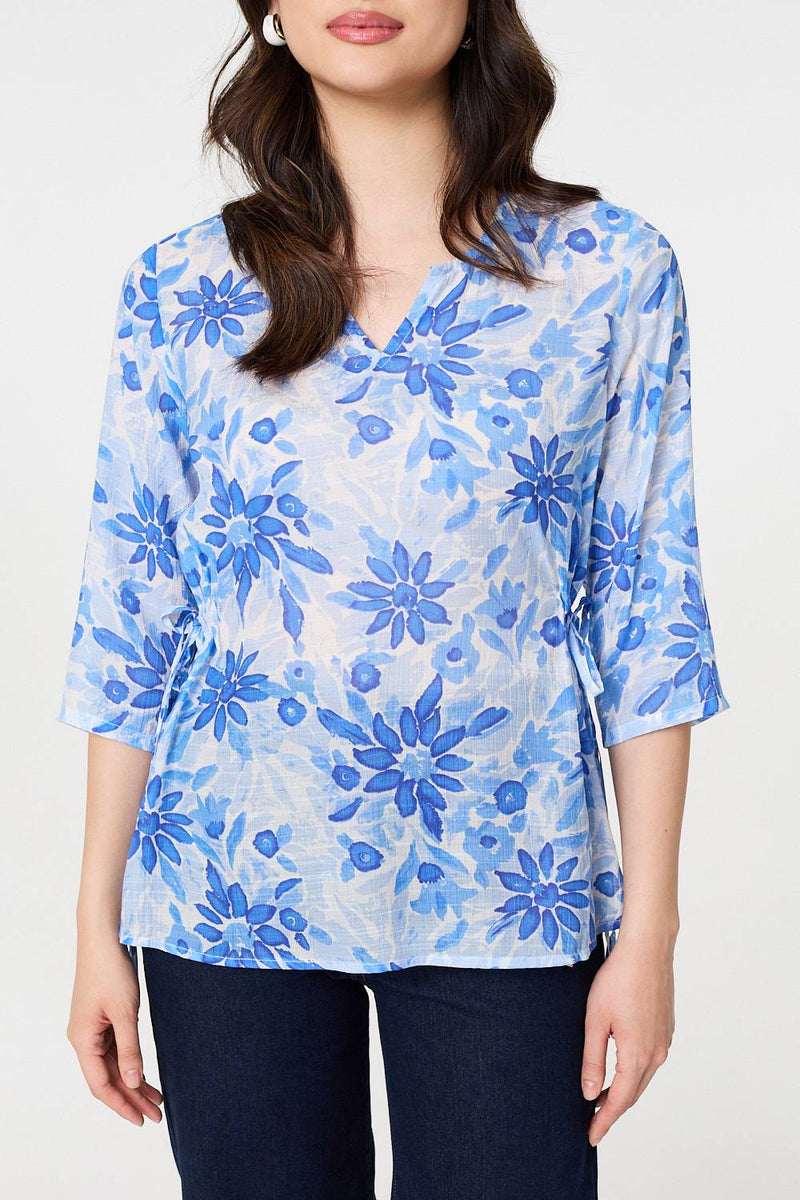 Floral 3/4 Sleeve Tie Detail Blouse