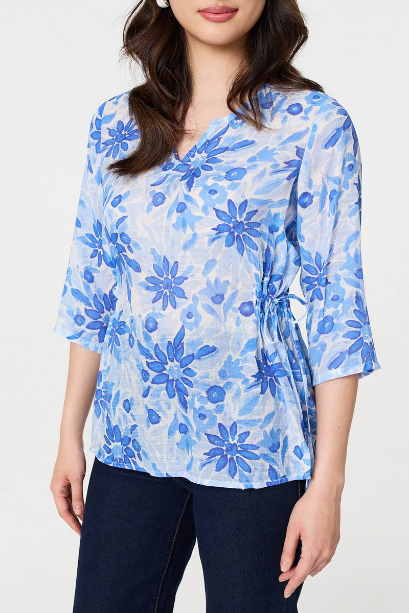 Floral 3/4 Sleeve Tie Detail Blouse