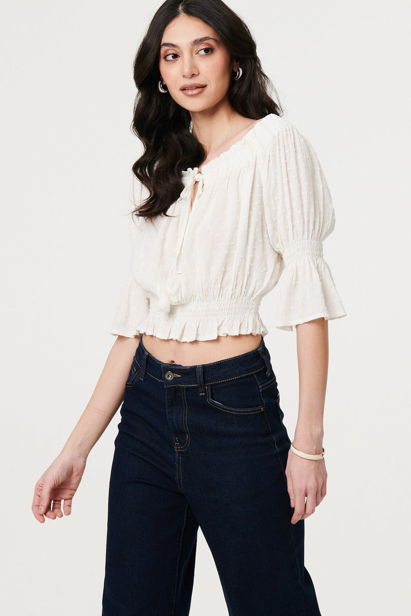 Textured Bardot Ruched Crop Top