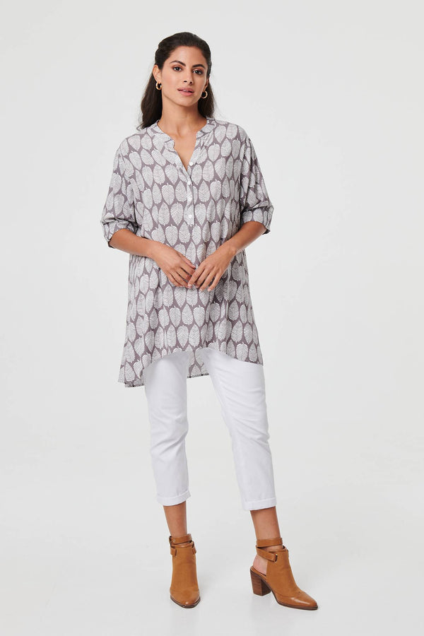 Leaf Print 1/2 Sleeve Curve Hem Blouse