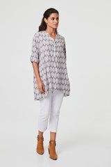 Leaf Print 1/2 Sleeve Curve Hem Blouse