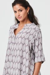 Leaf Print 1/2 Sleeve Curve Hem Blouse