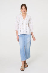Lace Trim 3/4 Sleeve V-Neck Blouse