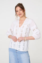 Lace Trim 3/4 Sleeve V-Neck Blouse