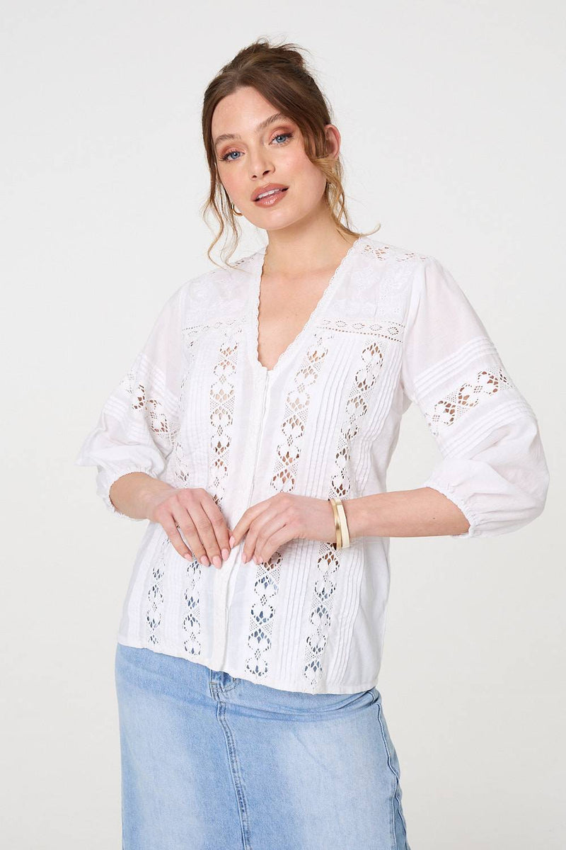 Lace Trim 3/4 Sleeve V-Neck Blouse