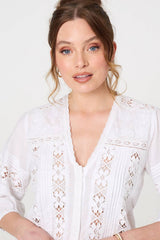 Lace Trim 3/4 Sleeve V-Neck Blouse