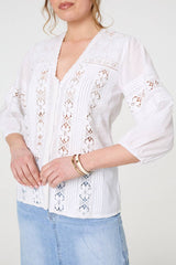 Lace Trim 3/4 Sleeve V-Neck Blouse