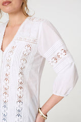 Lace Trim 3/4 Sleeve V-Neck Blouse