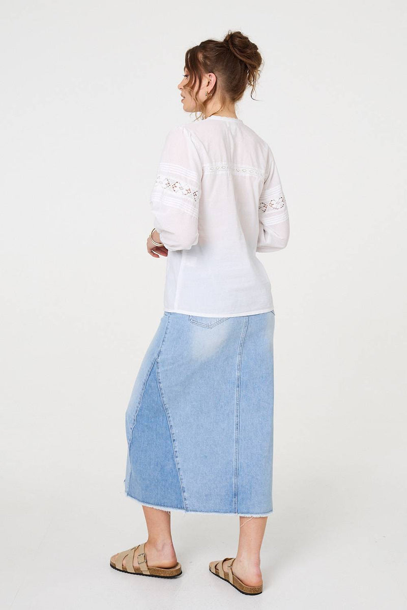 Lace Trim 3/4 Sleeve V-Neck Blouse
