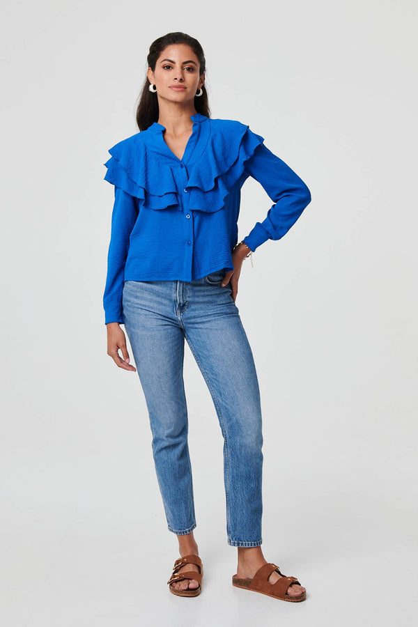 Ruffled Detail Long Sleeve V-Neck Blouse