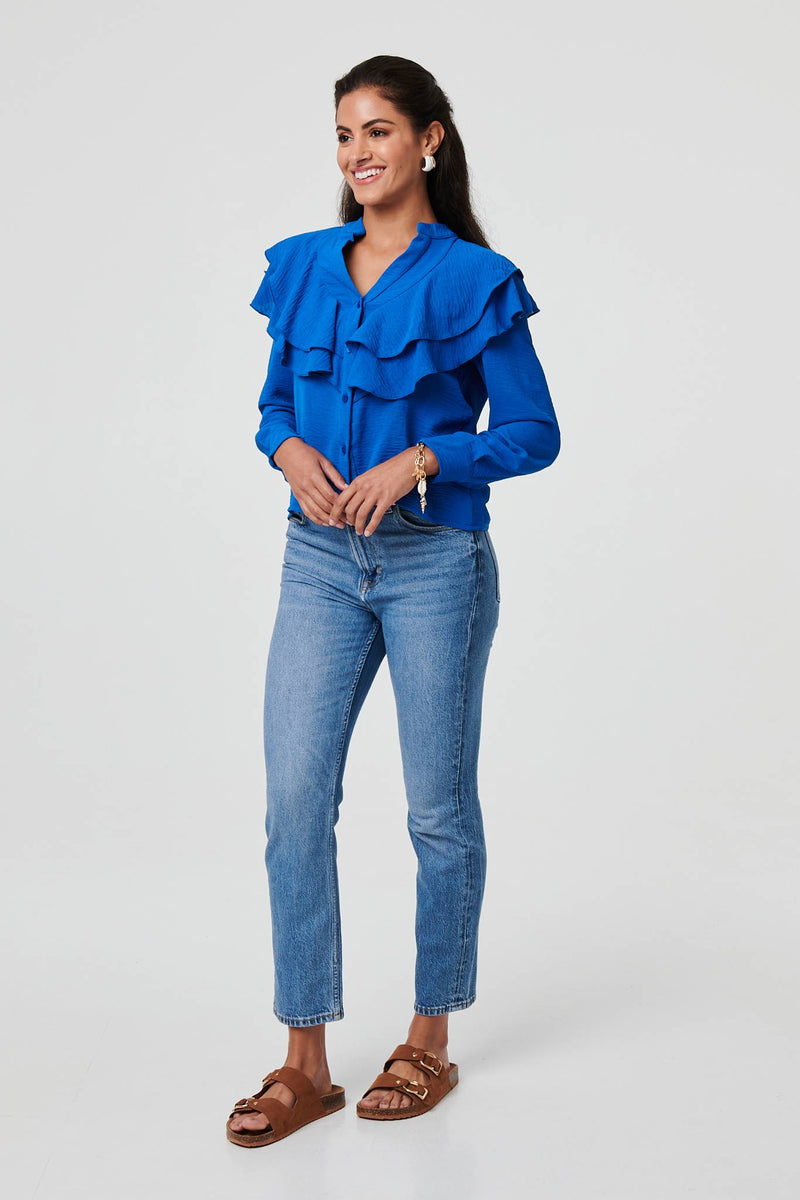 Ruffled Detail Long Sleeve V-Neck Blouse
