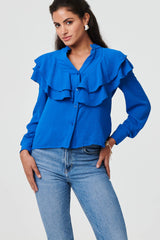 Ruffled Detail Long Sleeve V-Neck Blouse
