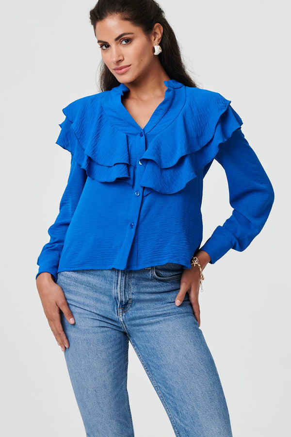 Ruffled Detail Long Sleeve V-Neck Blouse