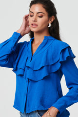 Ruffled Detail Long Sleeve V-Neck Blouse