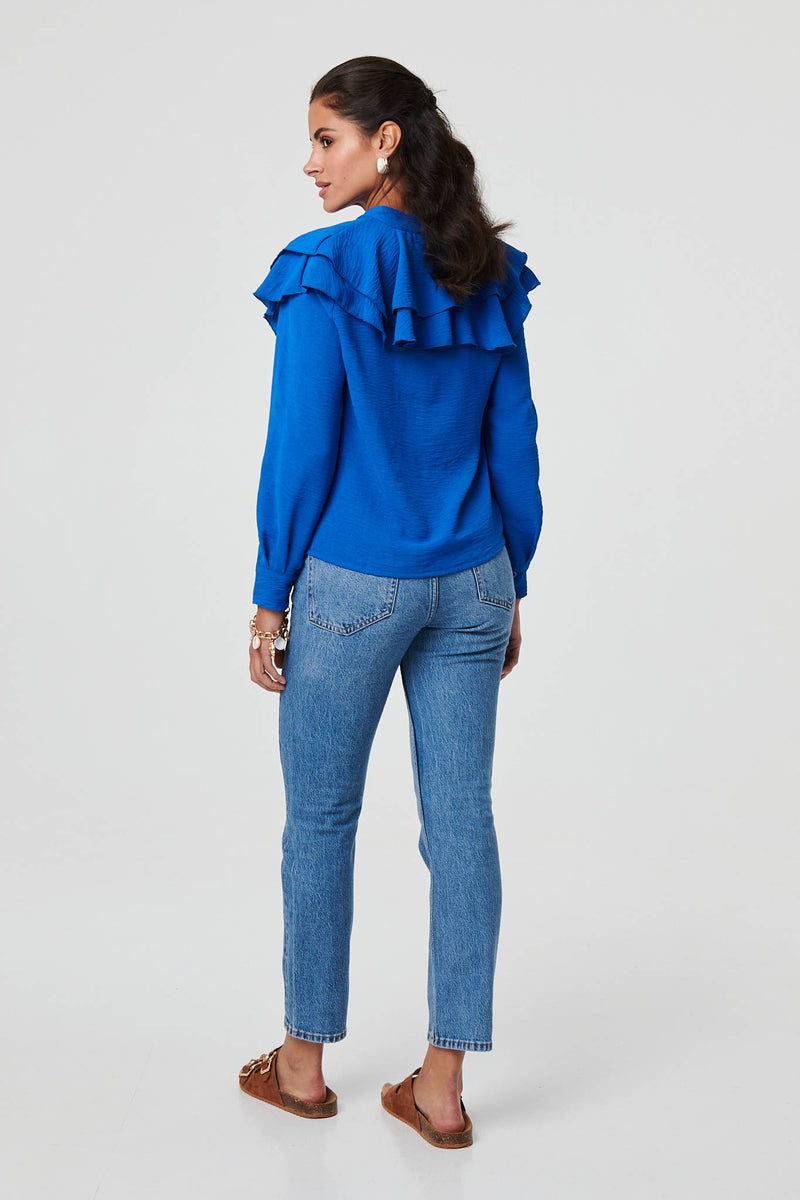 Ruffled Detail Long Sleeve V-Neck Blouse