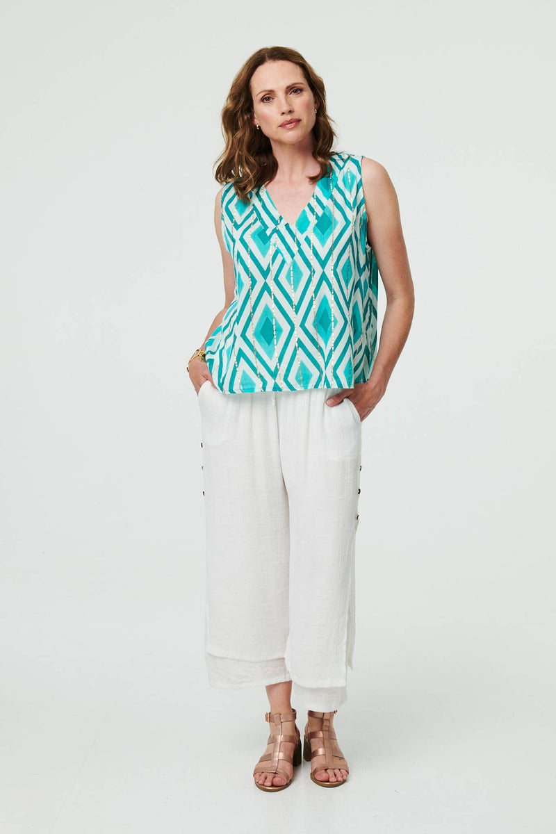 Geo Print V-Neck Sleeveless Relaxed Top